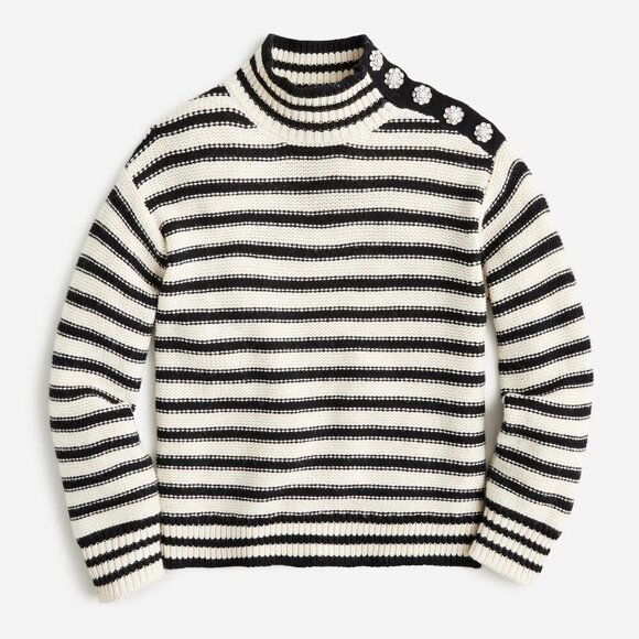 J.Crew Women's Medium Cable-Knit Mockneck Pullover Sweater Stripe Jewel Buttons - Picture 3 of 16